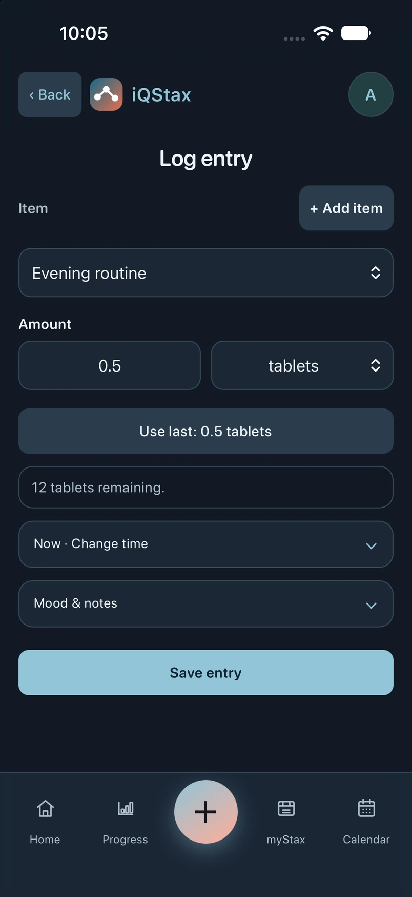 Log entry form for fictional Evening routine, with amount and unit, remaining inventory, Change time, Mood and notes, and Save entry.