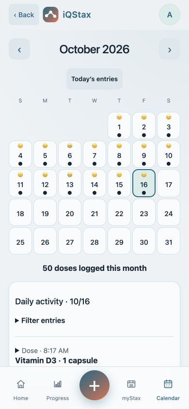 Illustrative IQSTAX app screen with fictional sample records