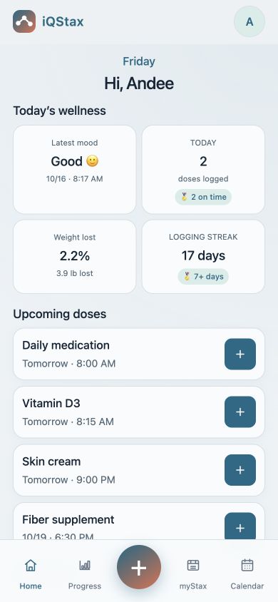 Illustrative IQSTAX app screen with fictional sample records