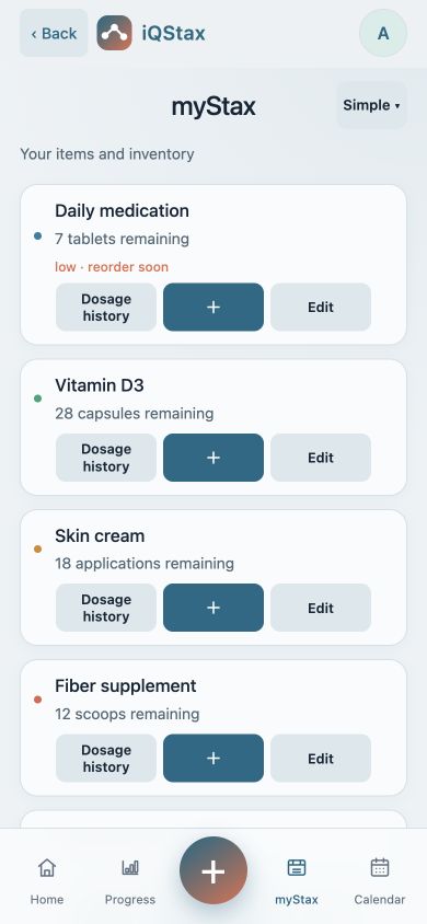 Illustrative IQSTAX app screen with fictional sample records